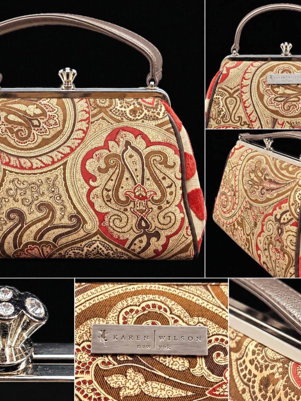 Karen Wilson Paisley Hand Bag in Rust Red, Tan and Chestnut Brown Fabric